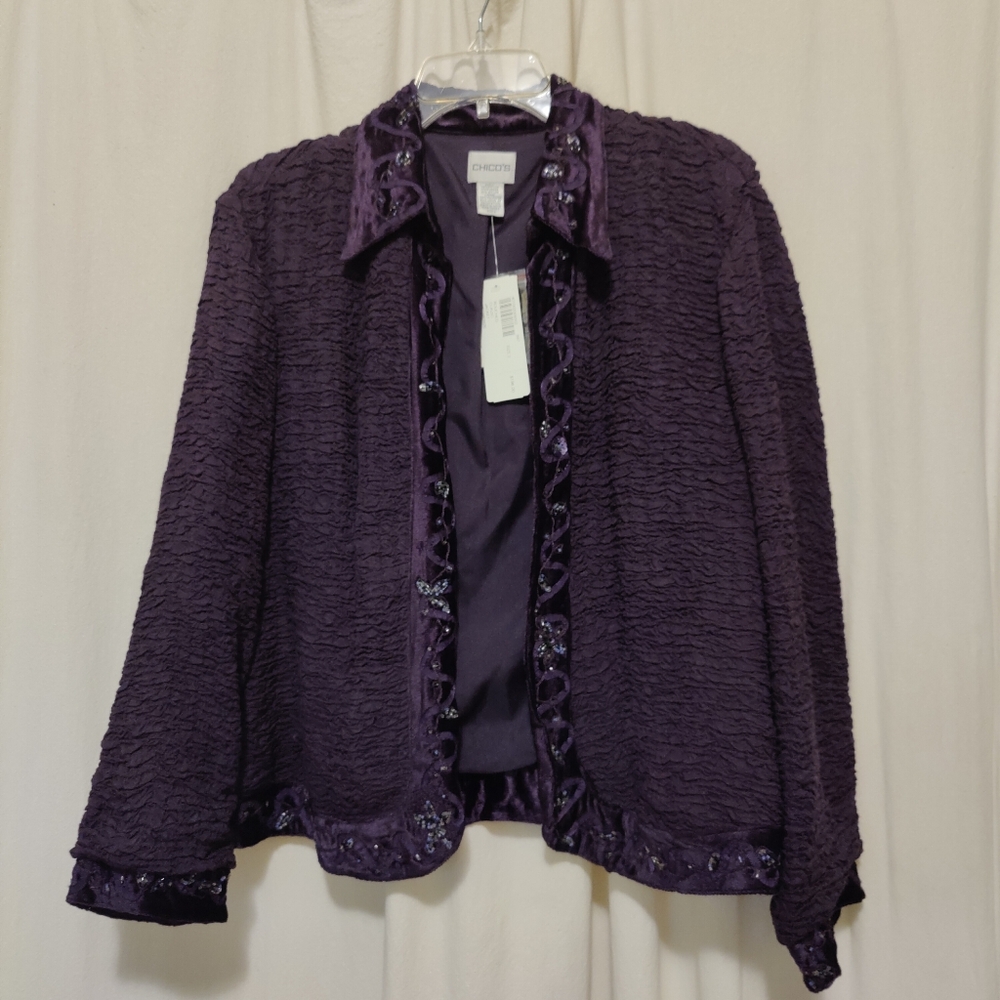 NWT Chico's Formal Rouched Curzio Embroidered Beaded Open Jacket, Size 2